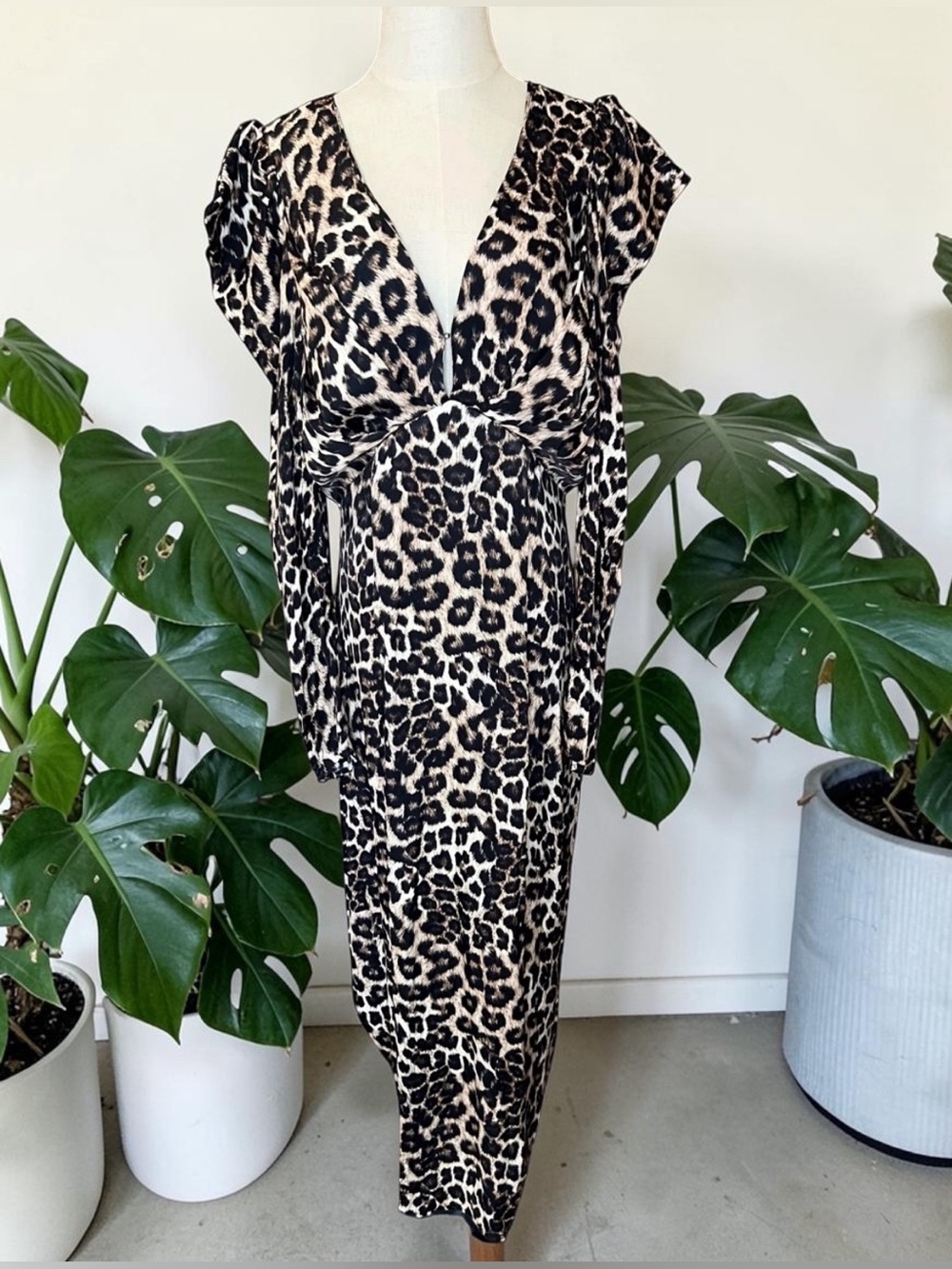 FARM Rio Leopard-Print V-Neck Midi Dress in Black and Cream
